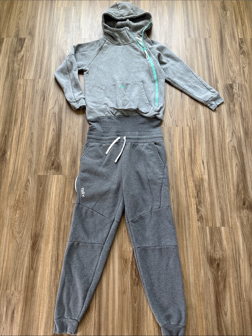 TUXY Storm Suit One Piece Jumpsuit Mens L Gray Teal Hoodie Jogger Sweatsuit